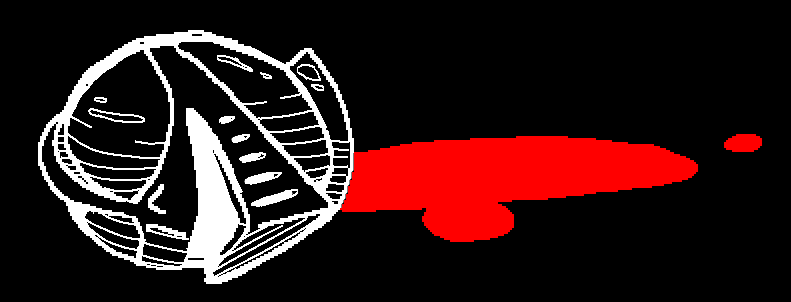 A monochromatic decapitated knight helmet laying on the ground to the left, facing the viewer. There is blood pooling from the (not displayed) lasceration on the neck.